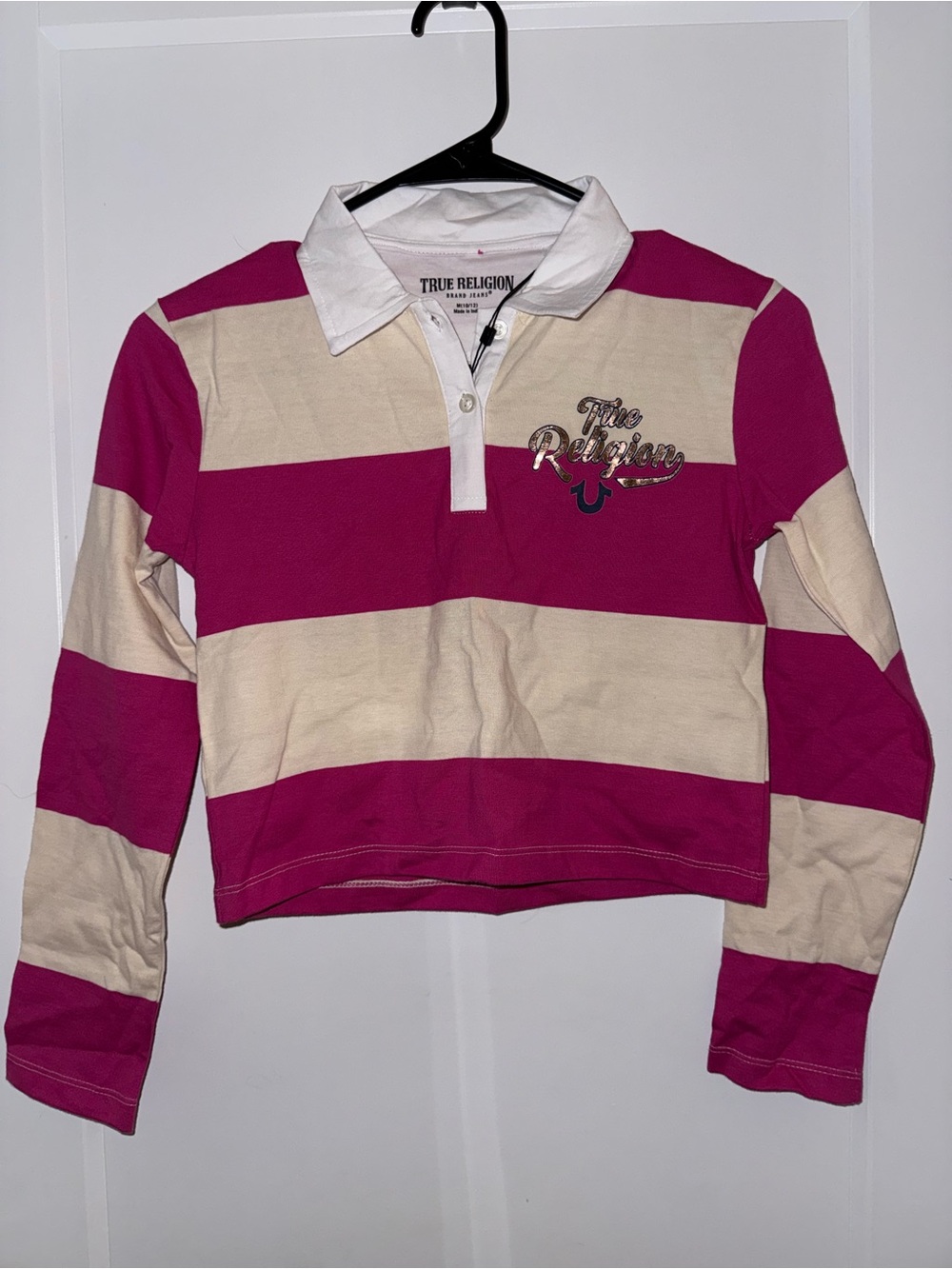 True Religion Girls' Pink & Cream Striped Rugby Polo Top size 10/12 Y2K